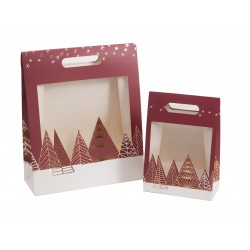 Sac carton pochette cadeau avec fenetre sapins + dorure 19x9