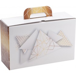 Valisette carton FSC blanc motifs geometriques 34,5x22x12 cm