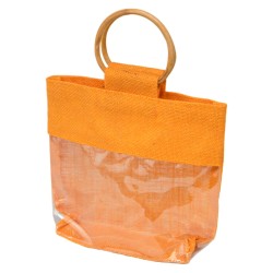 Sac jute abricot avec fenetre transparente, poignees en bois