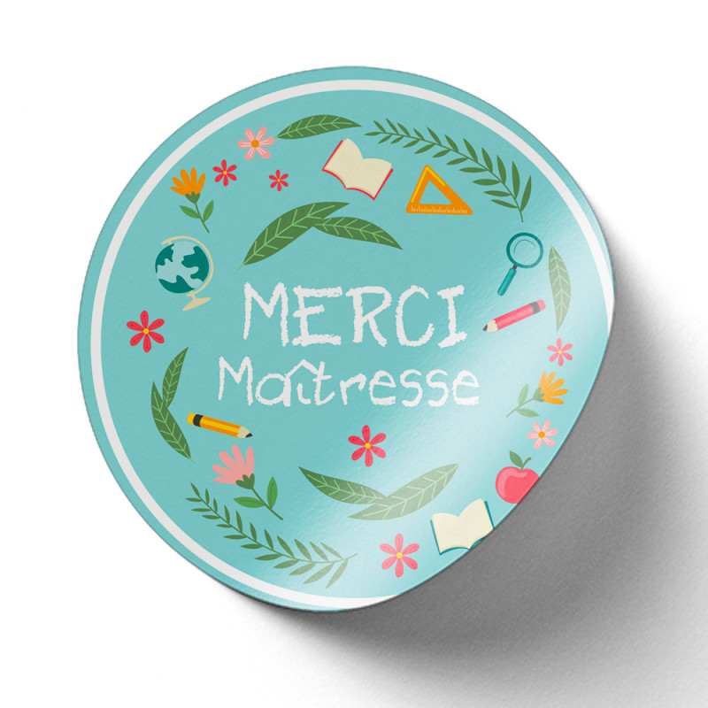 Sticker Rond Bleu Merci Maitresse - Rouleau de 500