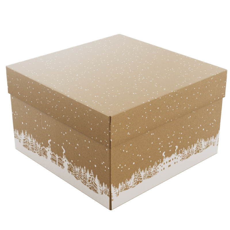 Boite carton carree kraft Hiver enneige 32.5x32.5x20