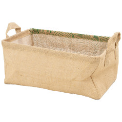 Corbeille rectangulaire en jute + feuilles vertes 2 poignees