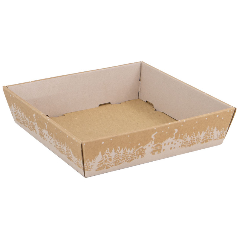 Corbeille carton carree kraft Hiver enneige 22x22x5 cm