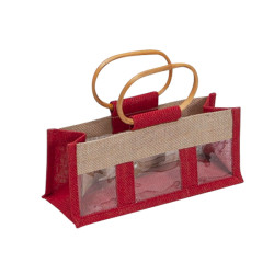 Sac en jute naturel/rouge avec fenetre transparente