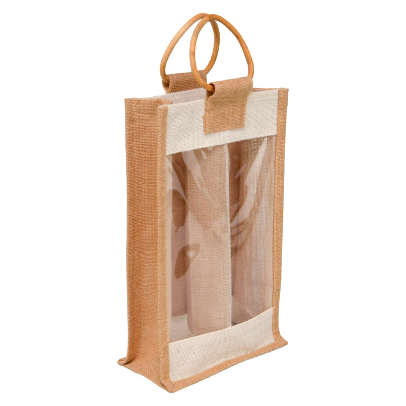 Sac en jute naturel et blanc pour 2 bouteilles