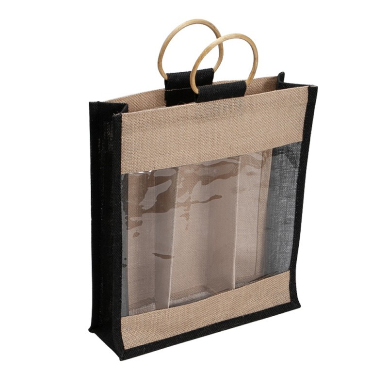 Sac en jute naturel et noir pour 3 bouteilles