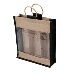 Sac en jute naturel et noir pour 3 bouteilles